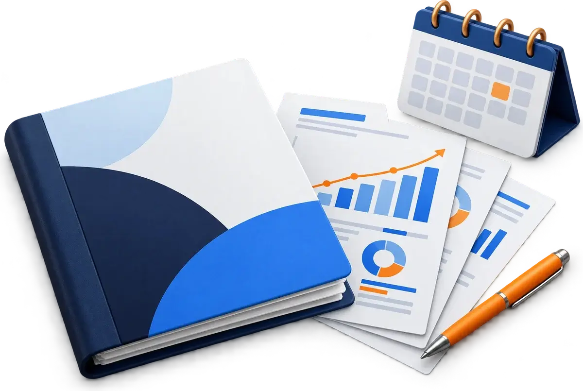 Carpeta de reportes con gráficos de avance y un calendario